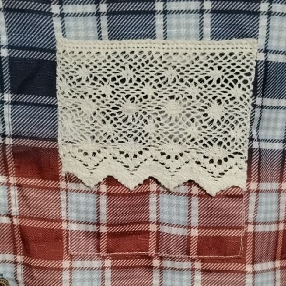 Red and Blue Long Sleeve Button Down Shirt with Notched Collar - Picture 3 of 7